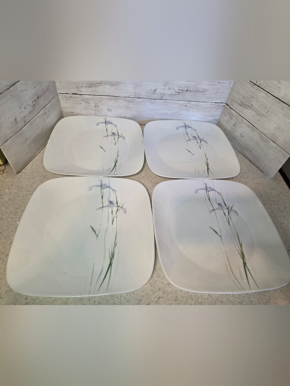 Corelle Shadow Iris Square Dinner Plates 10.25" Purple Floral Set of 4 Vitrelle